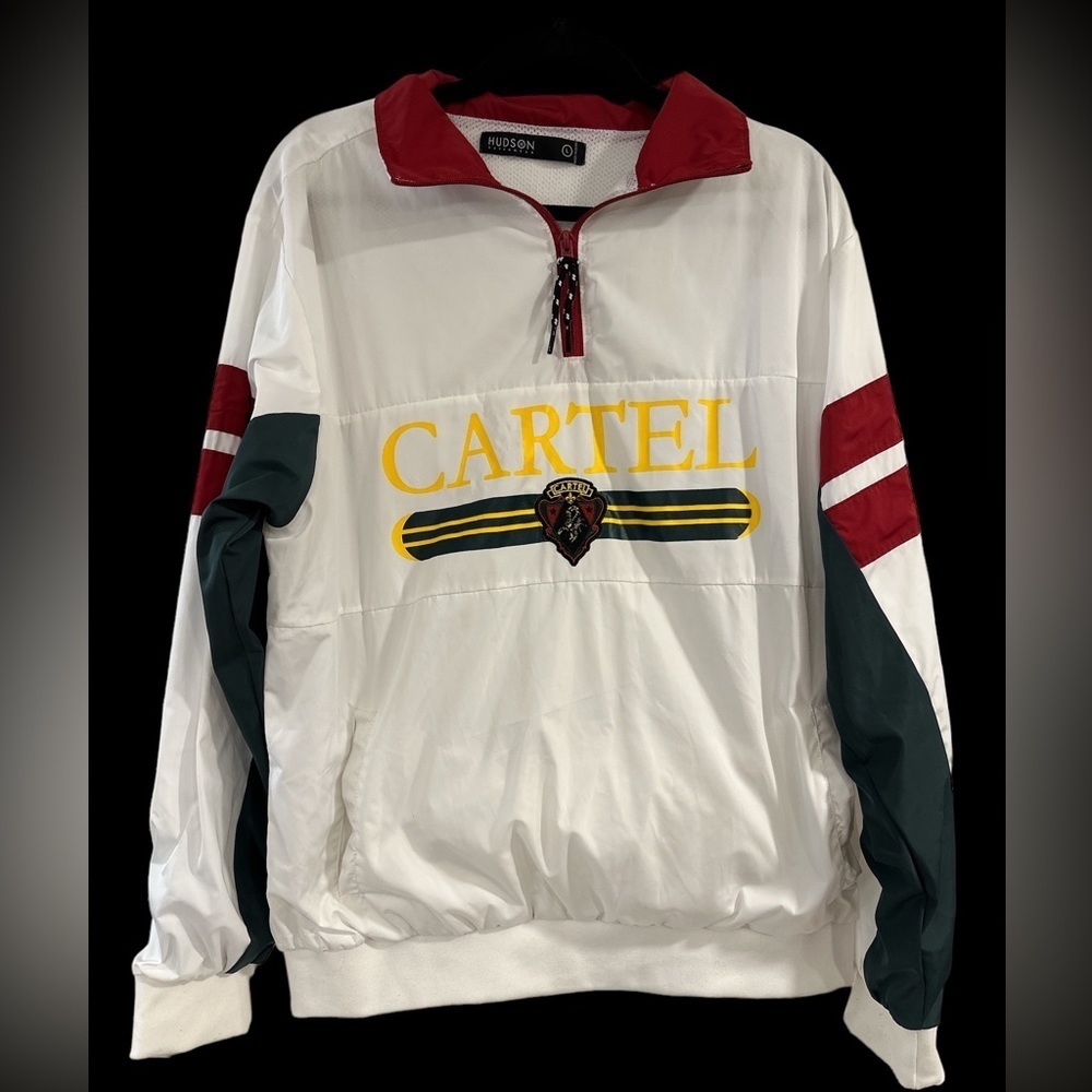 Cartel‎ 1/4 Zip by Hudson. Size Large Excellent White w Green and Red accents